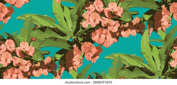 Seamless floral pattern with coral pink crown of thorns (euphorbia milii) flowers and green leaves blooming on a vibrant turquoise background, vector illustration for textile and wallpaper design