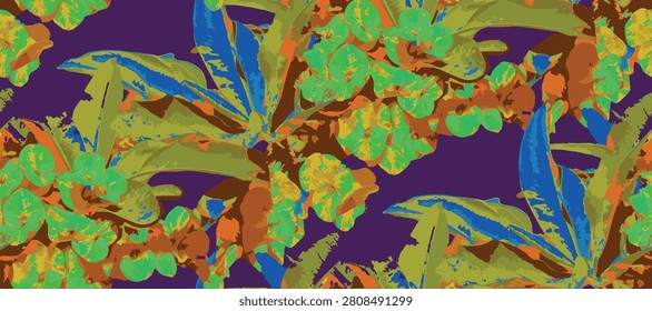 Seamless floral pattern with coral pink crown of thorns (euphorbia milii) flowers and green leaves blooming on a vibrant turquoise background, vector illustration for textile and 