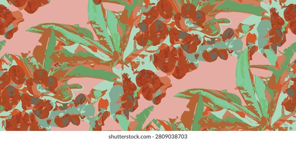 Seamless floral pattern with coral pink crown of thorns (euphorbia milii) flowers and green leaves blooming on a vibrant turquoise background, vector illustration for textile and 