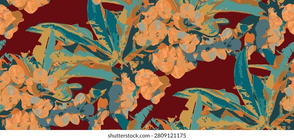 Seamless floral pattern with coral pink crown of thorns (euphorbia milii) flowers and green leaves blooming on a vibrant turquoise background, vector illustration for textile