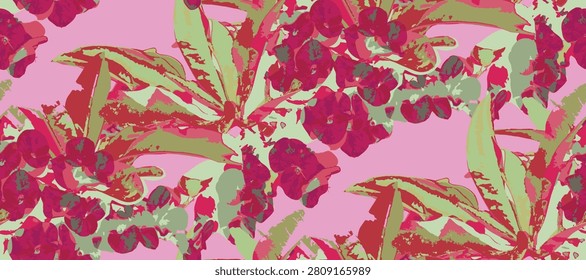 Seamless floral pattern with coral pink crown of thorns (euphorbia milii) flowers and green leaves blooming on a vibrant turquoise background, vector illustration for textile