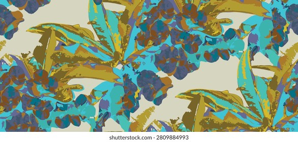 Seamless floral pattern with coral pink crown of thorns (euphorbia milii) flowers and green leaves blooming on a vibrant turquoise background, vector illustration for textile