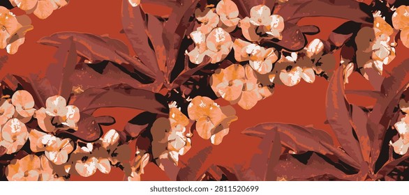 Seamless floral pattern with coral pink crown of thorns (euphorbia milii) flowers and green leaves blooming on a vibrant turquoise background, vector illustration for textile