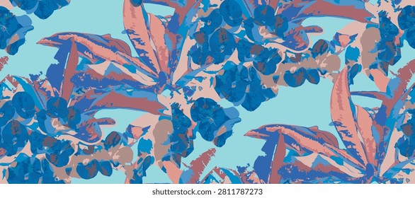 Seamless floral pattern with coral pink crown of thorns (euphorbia milii) flowers and green leaves blooming on a vibrant turquoise background, vector illustration for textile