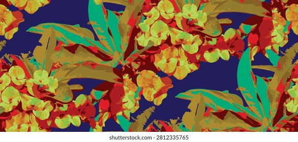 Seamless floral pattern with coral pink crown of thorns (euphorbia milii) flowers and green leaves blooming on a vibrant turquoise background, vector illustration for textile