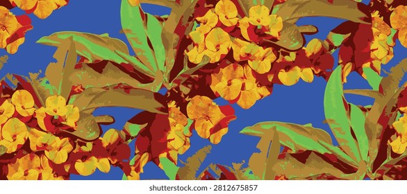 Seamless floral pattern with coral pink crown of thorns (euphorbia milii) flowers and green leaves blooming on a vibrant turquoise background, vector illustration for textile