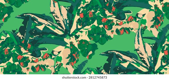 Seamless floral pattern with coral pink crown of thorns (euphorbia milii) flowers and green leaves blooming on a vibrant turquoise background, vector illustration for textile