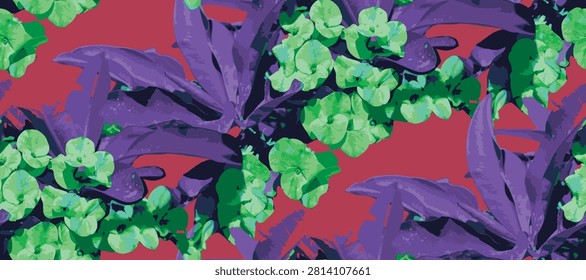 Seamless floral pattern with coral pink crown of thorns (euphorbia milii) flowers and green leaves blooming on a vibrant turquoise background, vector illustration for textile