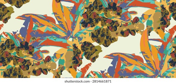 Seamless floral pattern with coral pink crown of thorns (euphorbia milii) flowers and green leaves blooming on a vibrant turquoise background, vector illustration for textile