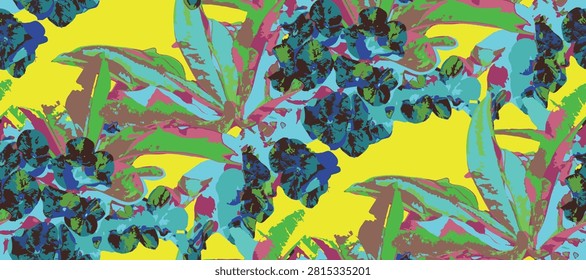 Seamless floral pattern with coral pink crown of thorns (euphorbia milii) flowers and green leaves blooming on a vibrant turquoise background, vector illustration for textile