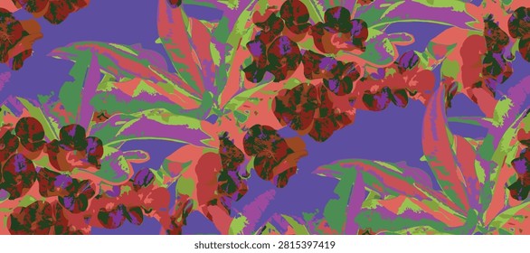 Seamless floral pattern with coral pink crown of thorns (euphorbia milii) flowers and green leaves blooming on a vibrant turquoise background, vector illustration for textile