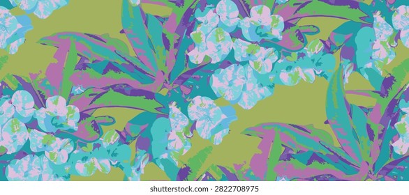 Seamless floral pattern with coral pink crown of thorns (euphorbia milii) flowers and green leaves blooming on a vibrant turquoise background, vector illustration for textile