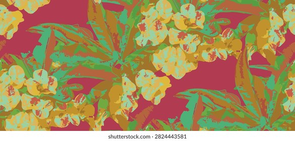 Seamless floral pattern with coral pink crown of thorns (euphorbia milii) flowers and green leaves blooming on a vibrant turquoise background, vector illustration for textile