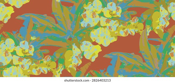 Seamless floral pattern with coral pink crown of thorns (euphorbia milii) flowers and green leaves blooming on a vibrant turquoise background, vector illustration for textile
