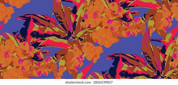 Seamless floral pattern with coral pink crown of thorns (euphorbia milii) flowers and green leaves blooming on a vibrant turquoise background, vector illustration for textile