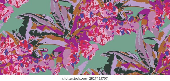 Seamless floral pattern with coral pink crown of thorns (euphorbia milii) flowers and green leaves blooming on a vibrant turquoise background, vector illustration for textile