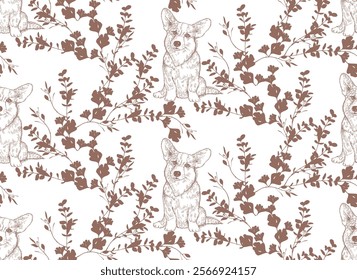 Seamless floral pattern with corgi dogs in mocha mousse color and intricate floral designs reminiscent of porcelain or fabric prints.	