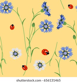 Seamless floral pattern with cornflowers and ladybugs on a yellow background