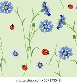 Seamless floral pattern with cornflowers and ladybugs on a green background