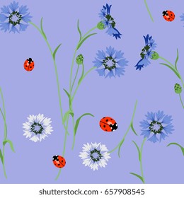 Seamless floral pattern with cornflowers and ladybugs. Flat cartoon style.