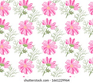 Nahtlose Blumenmuster mit Cosmos bipinnatus. Handzeichner dekorativer Hintergrund. Muster der Vektorillustration. Druck für Textilien, Gewebe, Tapeten, Scrapbooking