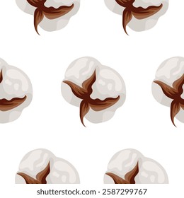 seamless floral pattern with cotton flowers side view on white background, for packaging, poster or textile