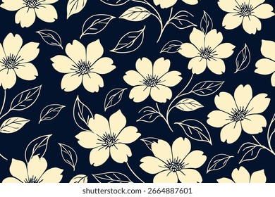 Patrón floral sin fisuras con flores de color crema y delicadas hojas delineadas sobre un fondo azul marino oscuro, perfecto para telas elegantes, Fondo de pantalla y decoración.
