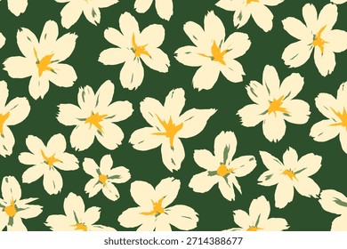 Seamless floral pattern with cream hand drawn flowers and yellow centers on dark green background for fabric, wallpaper, textile design and surface print.