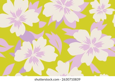 Seamless floral pattern with cream and lavender flowers on bright lime green background. Botanical repeat design perfect for fabric, wallpaper, wrapping paper, and surface decoration.