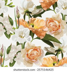 Seamless floral pattern, creamy roses, white peony, fresia, poppy on a white background. Design for wallpaper, fabric, wrapping paper, cover and more. Vector illustration.