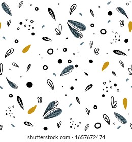 Patrón - flores, bayas, hojas, pasto. Ilustración infantil vectorial.