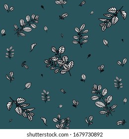 Seamless floral pattern with creative decorative flowers. Cute small flowers, berries, grass and leaves. White background. Vector texture for fashion botanicalprints. Great for fabric, textile, cards.