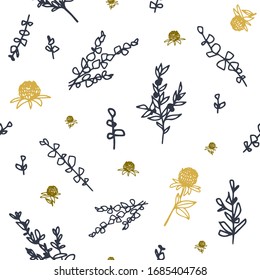 Seamless floral pattern with creative decorative flowers. Cute small flowers, berries, grass and leaves. White background. Vector texture for fashion botanicalprints. Great for fabric, textile, cards.