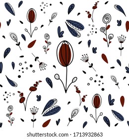 Seamless floral pattern with creative decorative flowers. Cute small flowers, berries, grass and leaves. White background. Vector texture for fashion botanical prints. Great for fabric, textile, cards