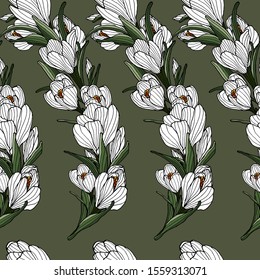 Seamless floral pattern. Crocus on green background. Botanical design for packaging, fabric, wrap, cover