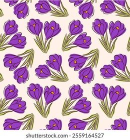 Seamless floral pattern with crocus or saffron flower in flat style. Spring design for wallpaper, wrapper and textile.