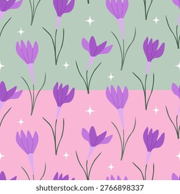 Seamless floral pattern with crocuses. Vector color flower illustration. Good for textile, backgrounds, fabric and wallpapers. Two color variations