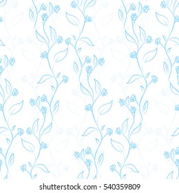 Seamless floral pattern, curly branches and leaves. Hand-drawing texture for print. Blue flowers. Isolated