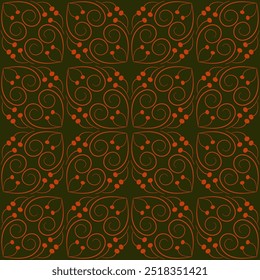 Patrón floral sin fisuras de líneas curvas. Rizos naranjas sobre fondo verde oscuro. Bayas estilizadas. Decoración de otoño verde oscuro de fantasía. Estilo rústico étnico. Diseño brillante oscuro acogedor para papel, textil, etc.