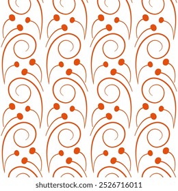 Seamless floral pattern of curved lines. Orange curls on a white background. Stylized branches with berries. Ethnic rustic style. Monochrome orange plant decor for clothes, home, etc.