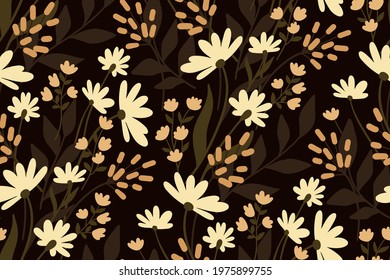 Seamless floral pattern, cute abstract flower print for wallpaper, textile, etc. Pretty botanical design: hand drawn wild flowers, leaves, grass on a brown background. Vector illustration