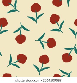 Seamless floral pattern with cute abstract flower and leaves. Natural farmhouse style. Spring or summer print for fabric, wrapping, textile, wallpaper, card, paper gift, phone case, stationery.