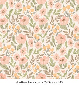 Seamless floral pattern, cute abstract ditsy print in decorative art folk motif. Pastel colors botanical design. Hand drawn wild plants, large flowers, small leaves, light field. Vector illustration.
