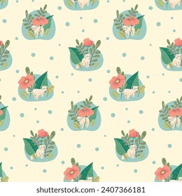 Seamless floral pattern, cute baby print design of hand drawn animals, plants. Pretty design for wallpaper, textiles: small cats, kittens among flowers, leaves. Vector illustration in pastel colors.