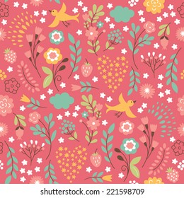 Seamless floral pattern. Cute background with birds and flowers 