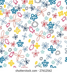 seamless floral pattern with cute birds in vector