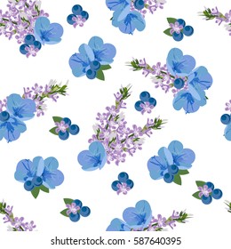 Seamless floral pattern with cute blue flowers and berries on white background.For textile, cover, wallpaper, gift packaging, printing, scrapbooking.Romantic design for calico.