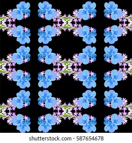 Seamless floral pattern with cute blue flowers and berries on black background.For textile, cover, wallpaper, gift packaging, printing, scrapbooking.Romantic design for calico.