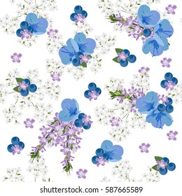Seamless floral pattern with cute blue flowers and berries on white background.For textile, cover, wallpaper, gift packaging, printing, scrapbooking.Romantic design for calico.