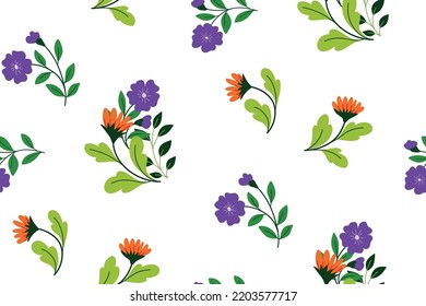 Seamless floral pattern, cute botanical print with folk, rustic motifs. Abstract composition of hand drawn wild plants: flowers, herbs, leaves on a white background. Vector.